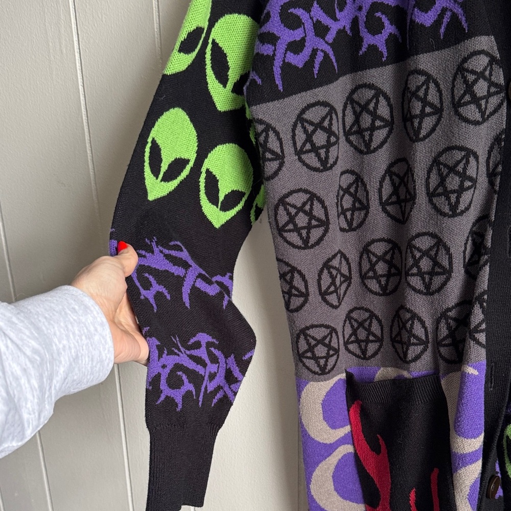 Disturbia Patchwork Open Cardigan in Black, Purple, Green & Red - Picture 8 of 10